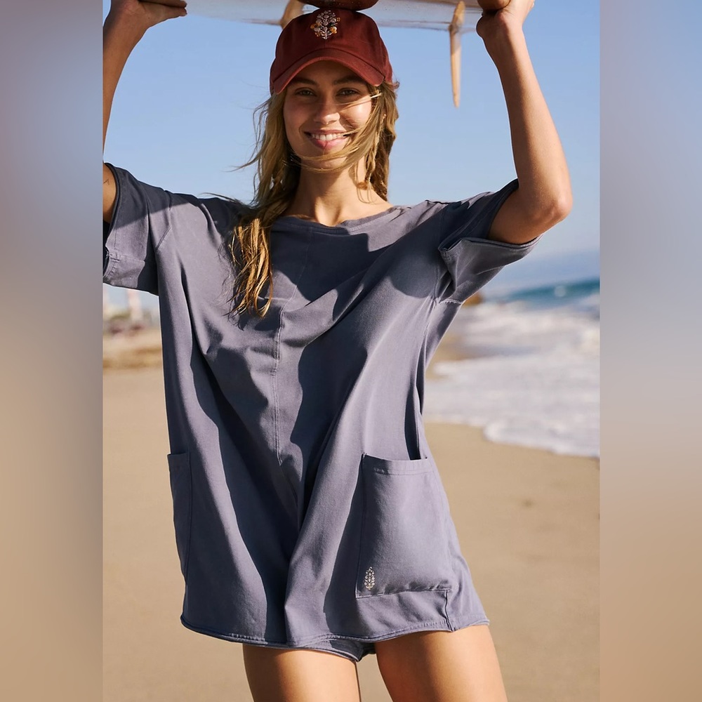 FP Movement by Free People Slate Blue Short Sleeve Romper